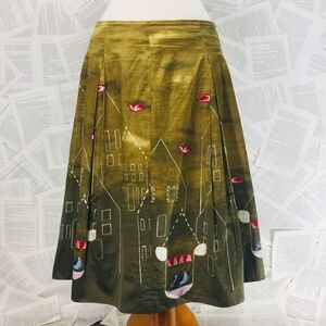 Anthro Maeve Birds A-Line Skirt 12 Green Gold 6
